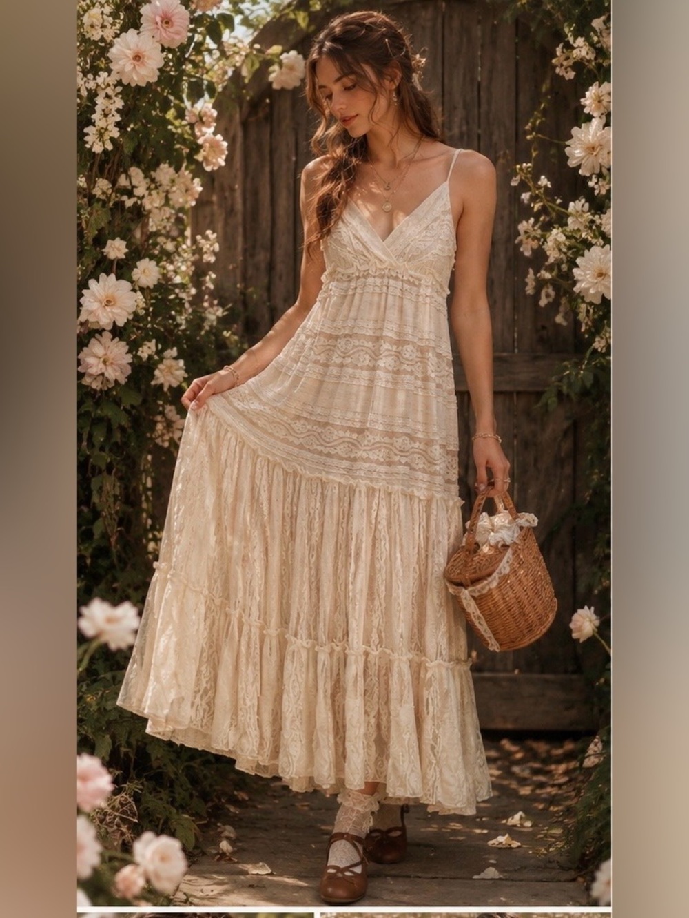 Willow and Sage Lace Maxi Tiered Bohemian Coquette Feminine Whimsy Dress S